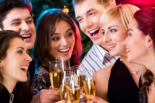 Portrait of happy young friends touching the glasses with each other